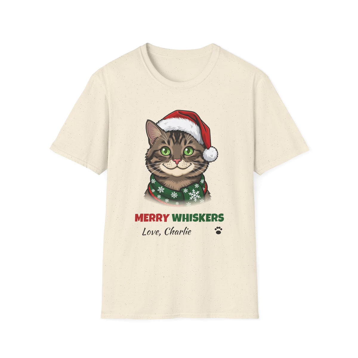 Merry Whiskers Brown Tabby Cat Christmas t-shirt in Natural, front view