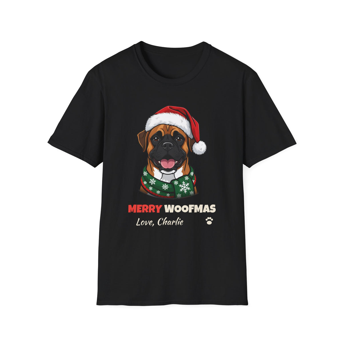 Merry Woofmas Boxer Christmas t-shirt in Black, front view