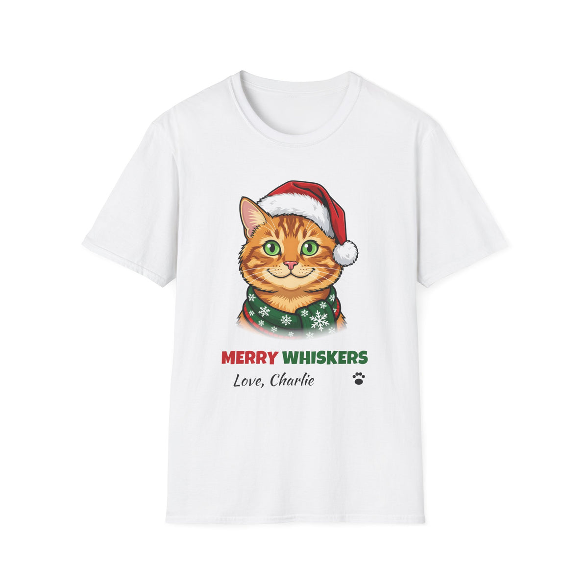 Merry Whiskers Ginger Tabby Cat Christmas t-shirt in White, front view