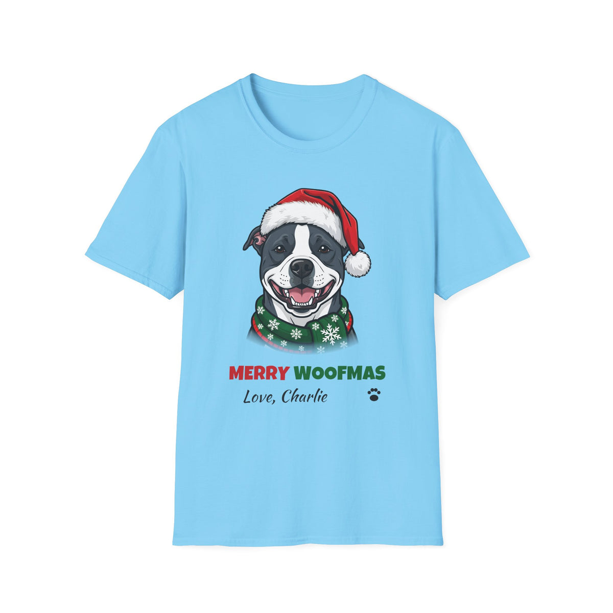 Merry Woofmas Blue Pit Bull Christmas t-shirt in Sky, front view