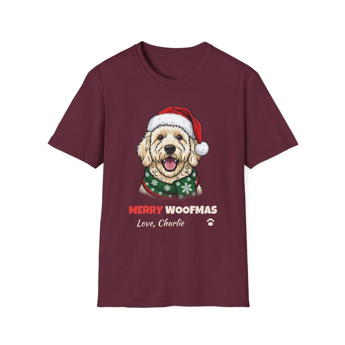 Merry Woofmas Labradoodle Christmas t-shirt in Maroon, front view