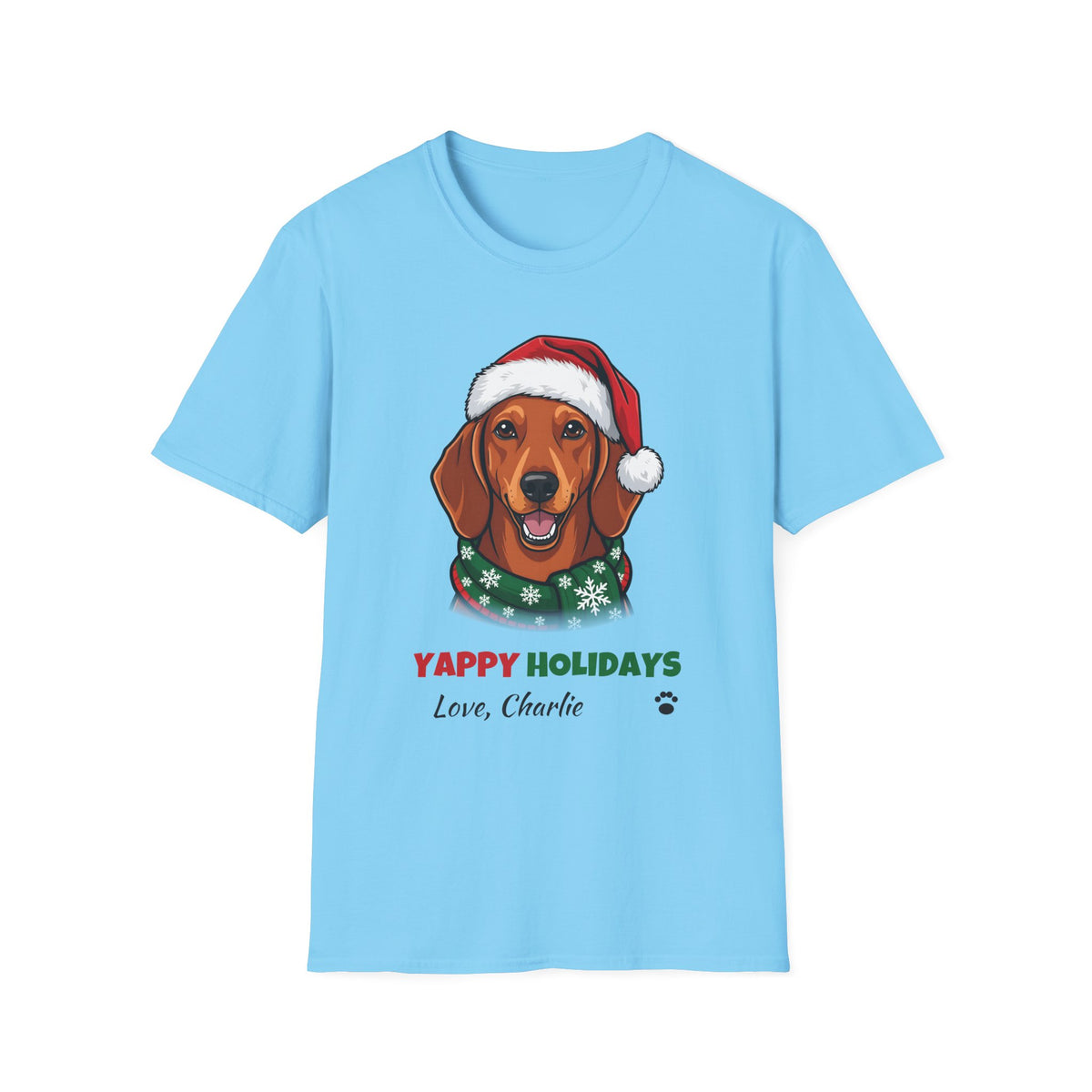 Yappy Holidays Dachshund Christmas t-shirt in Sky, front view