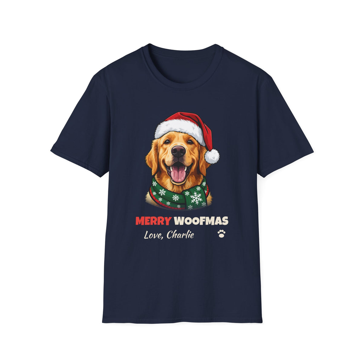 Merry Woofmas Golden Retriever Christmas t-shirt in Navy, front view