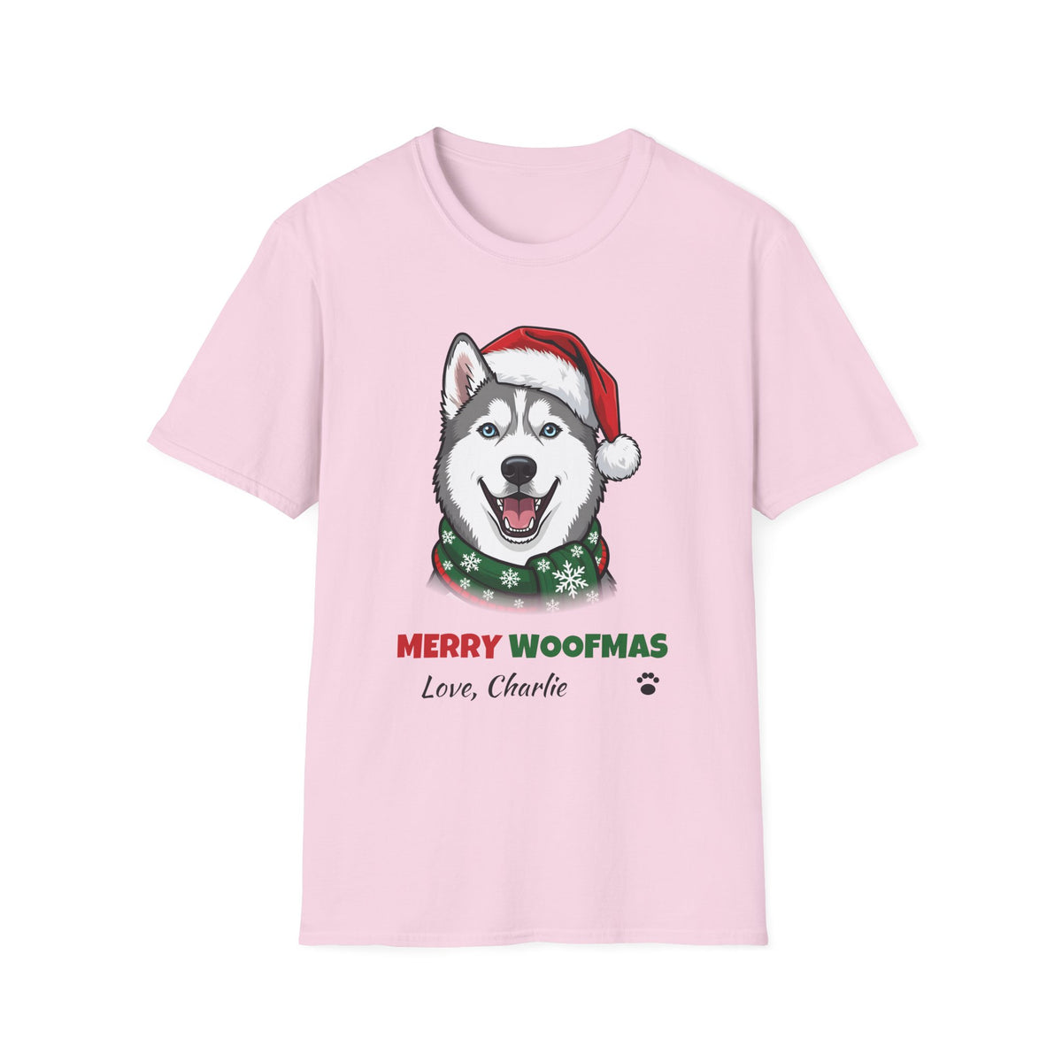 Merry Woofmas Siberian Husky Christmas t-shirt in Light Pink, front view