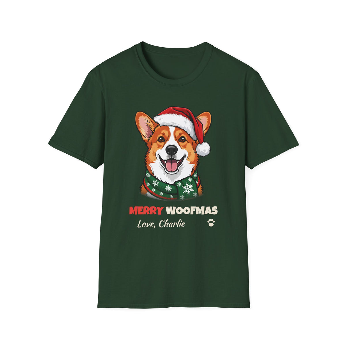 Merry Woofmas Corgi Christmas t-shirt in Forest Green, front view