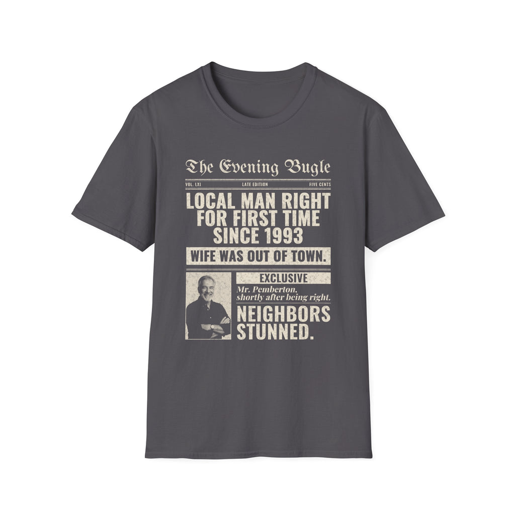 Evening Bugle Dad Joke t-shirt in Charcoal, front view