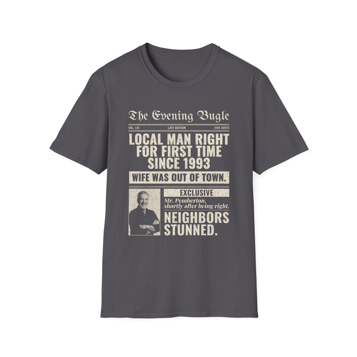 Evening Bugle Dad Joke t-shirt in Charcoal, front view