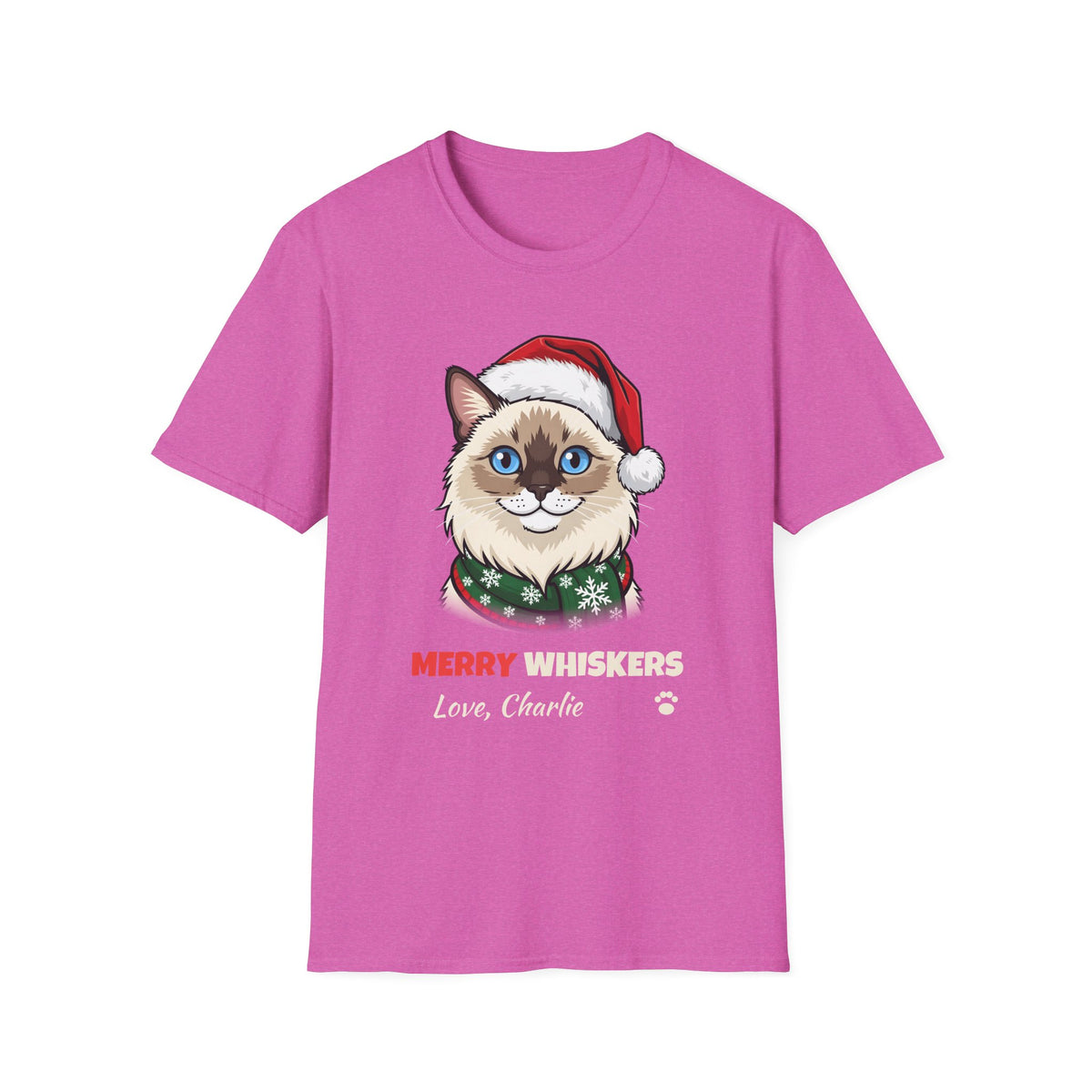 Merry Whiskers Ragdoll Cat Christmas t-shirt in Heather Berry, front view