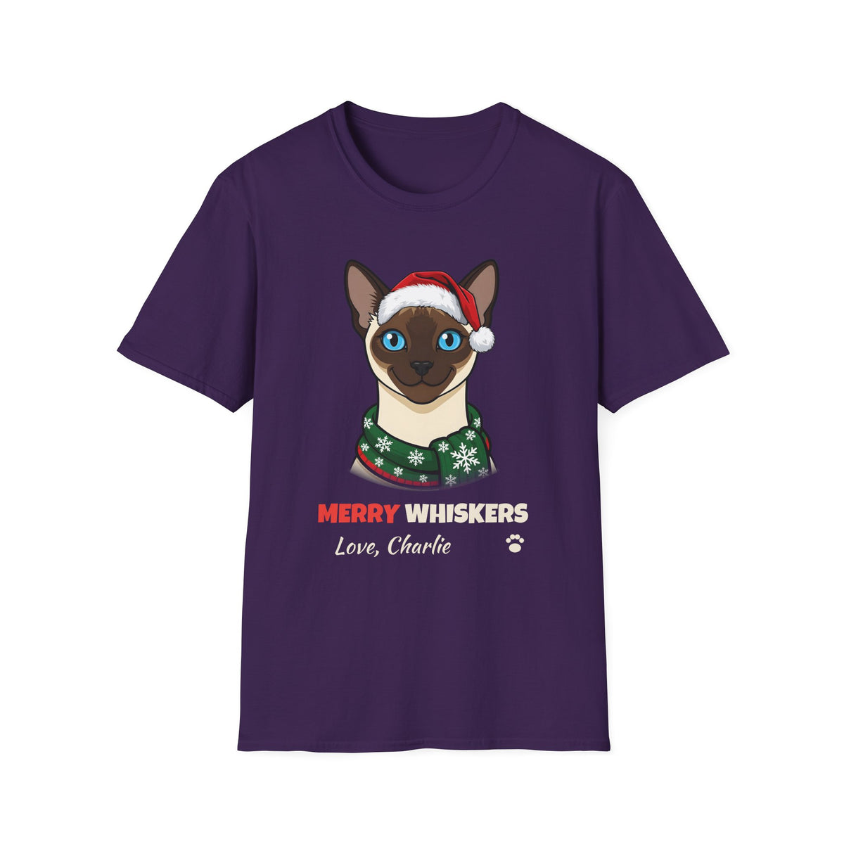 Merry Whiskers Siamese Cat Christmas t-shirt in Purple, front view