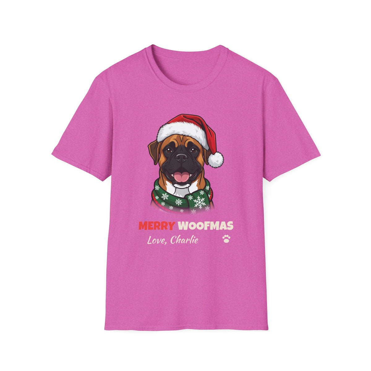 Merry Woofmas Boxer Christmas t-shirt in Heather Berry, front view