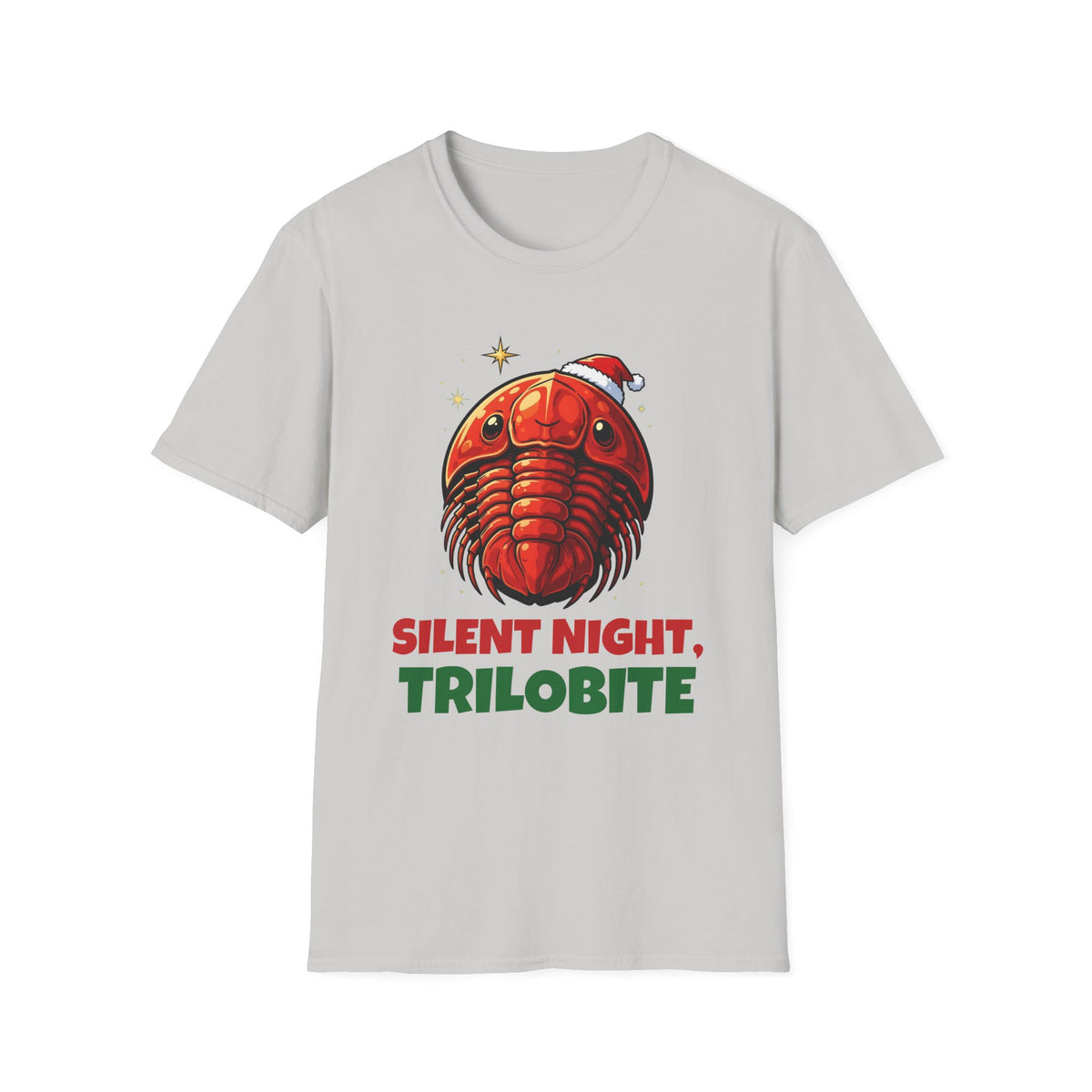 Silent Night, Trilobite Christmas t-shirt in Ice Gray, front view