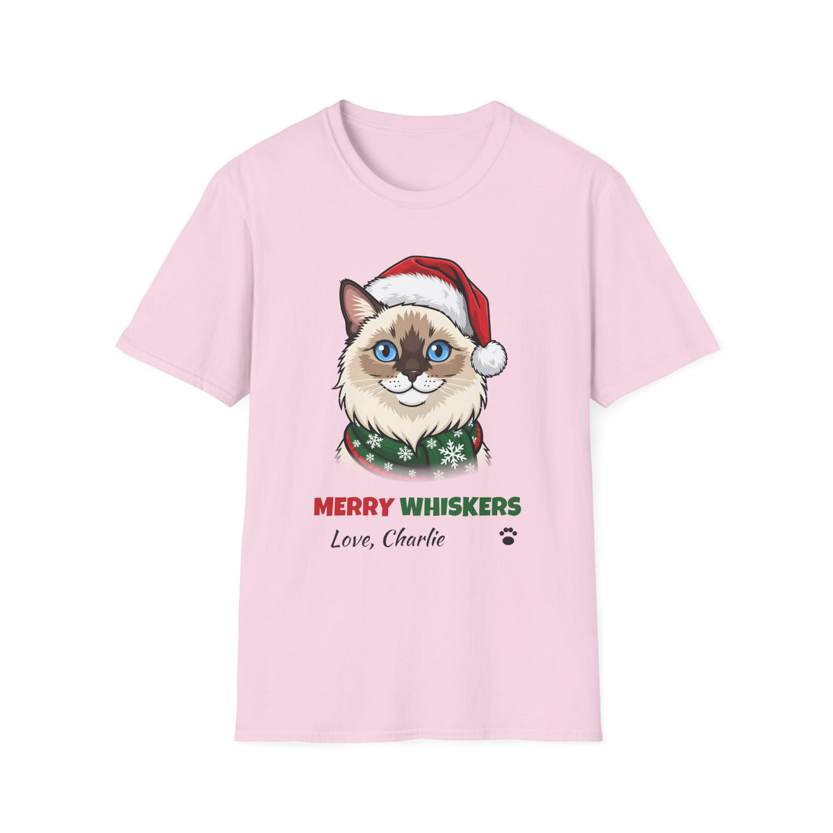 Merry Whiskers Ragdoll Cat Christmas t-shirt in Light Pink, front view