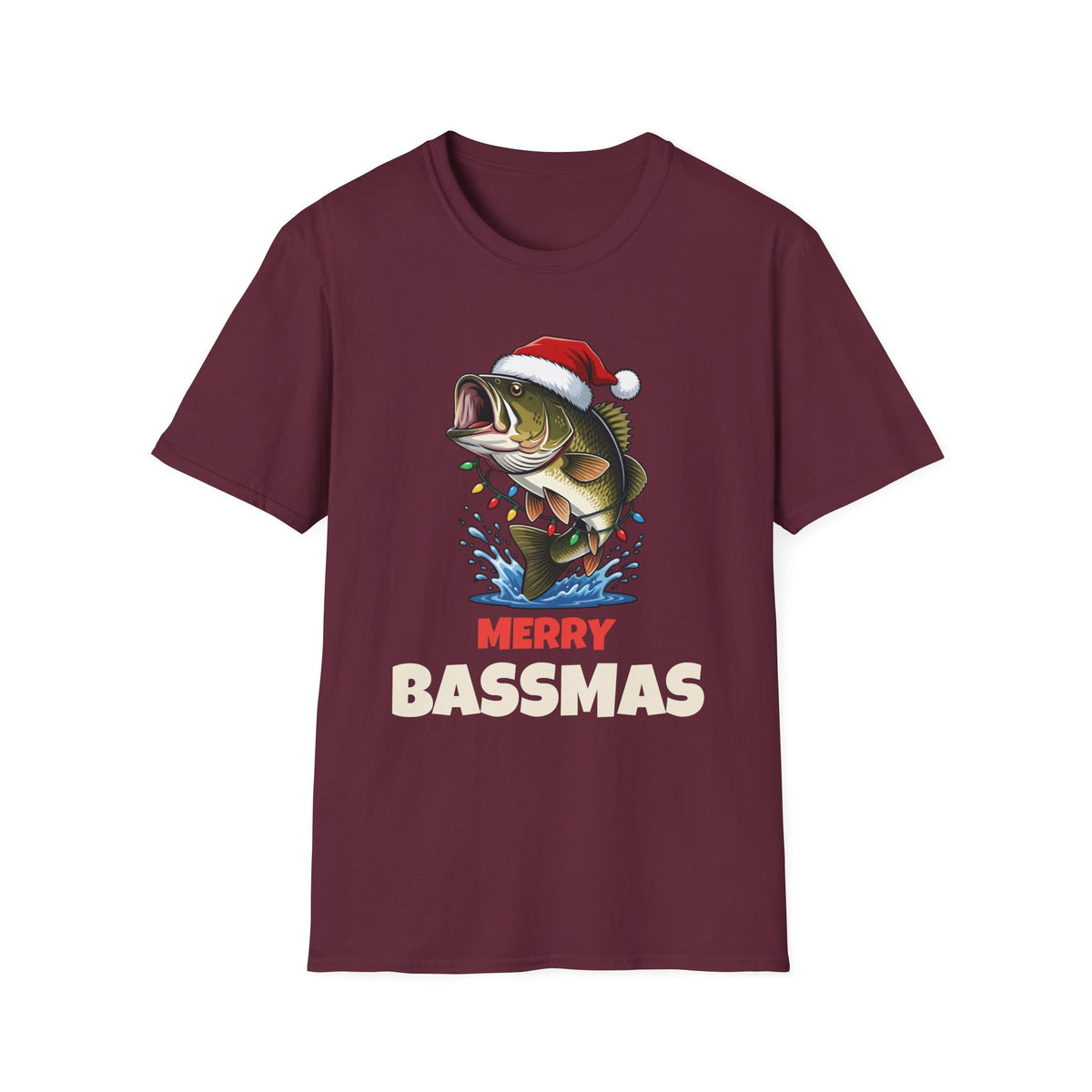 Merry Bassmas Christmas t-shirt in Maroon, front view