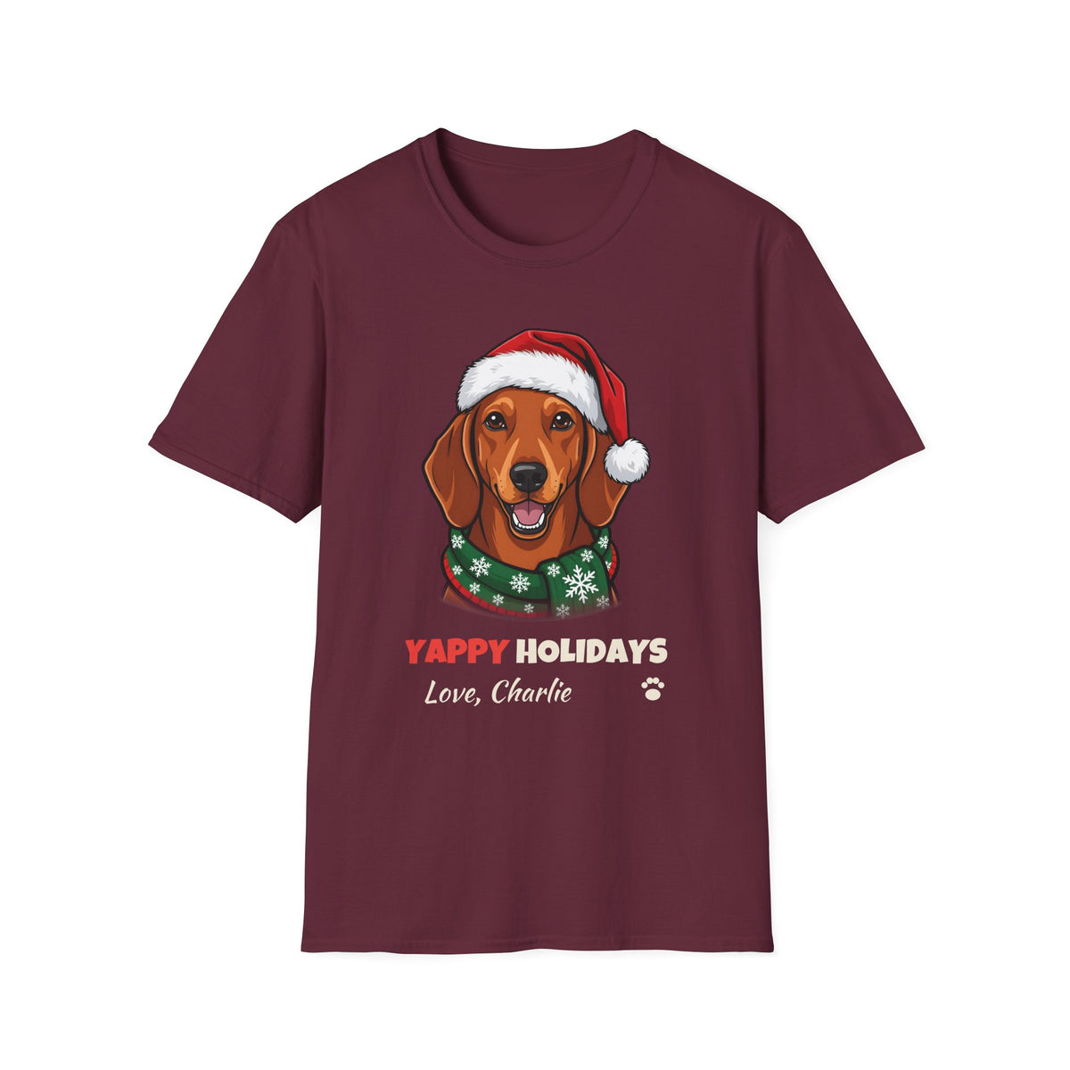 Yappy Holidays Dachshund Christmas t-shirt in Maroon, front view