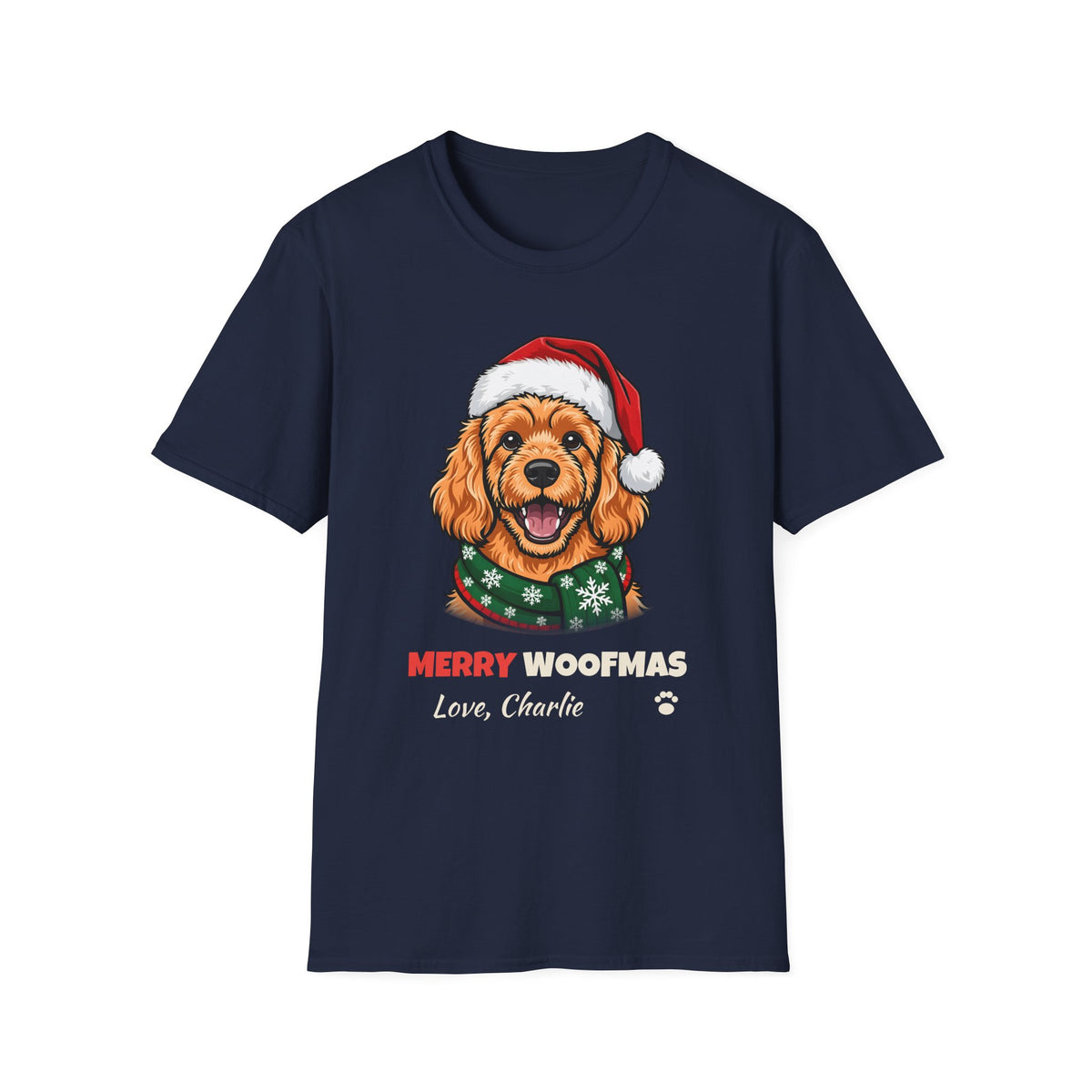 Merry Woofmas Apricot Cavapoo Christmas t-shirt in Navy, front view