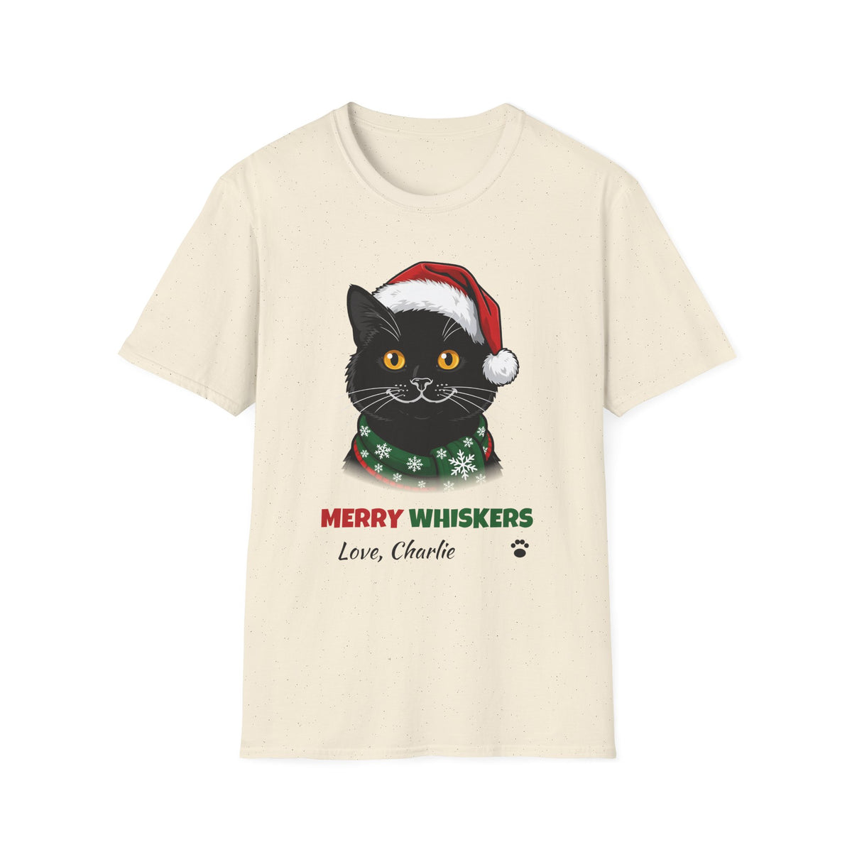 Merry Whiskers Black Cat Christmas t-shirt in Natural, front view
