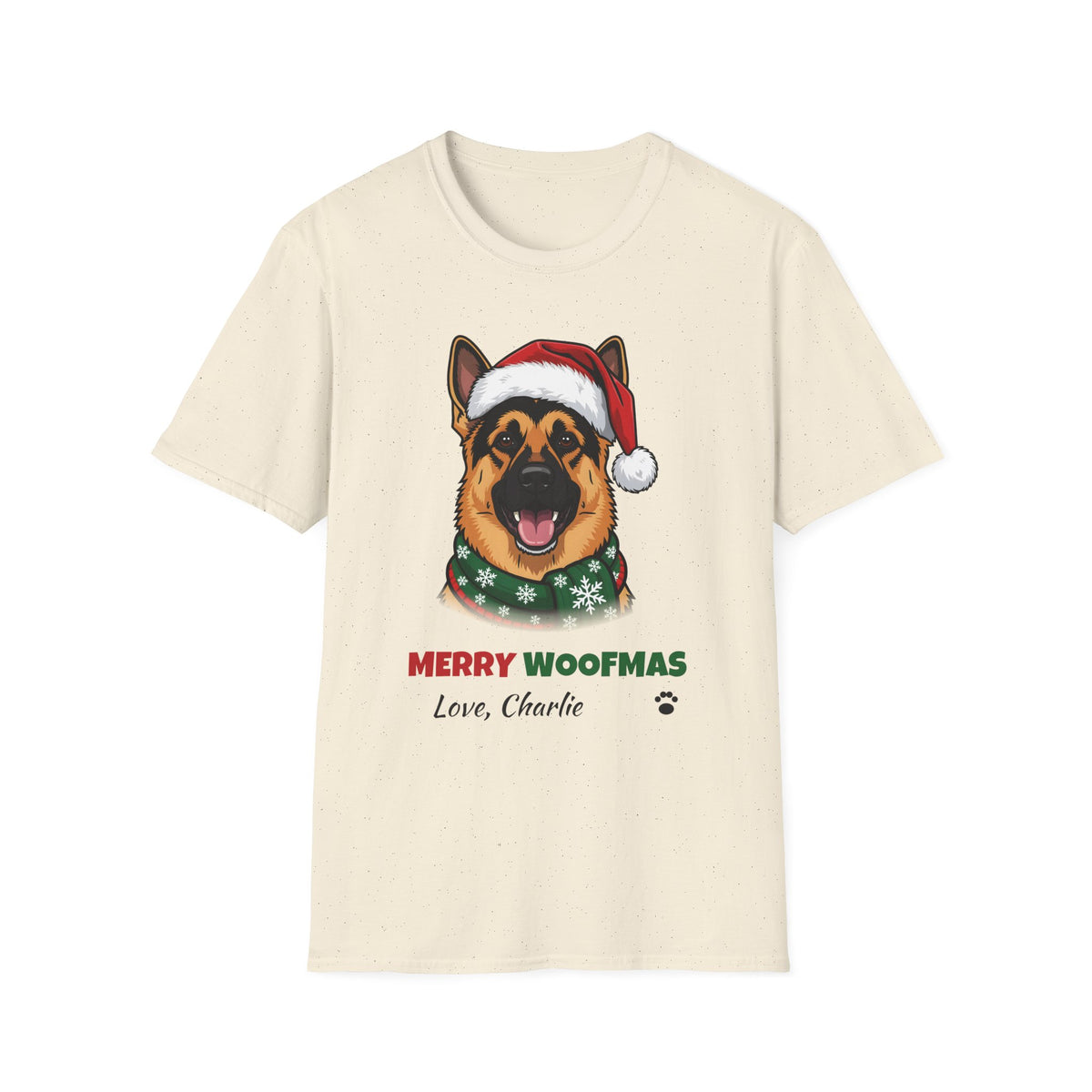 Merry Woofmas German Shepherd Christmas t-shirt in Natural, front view