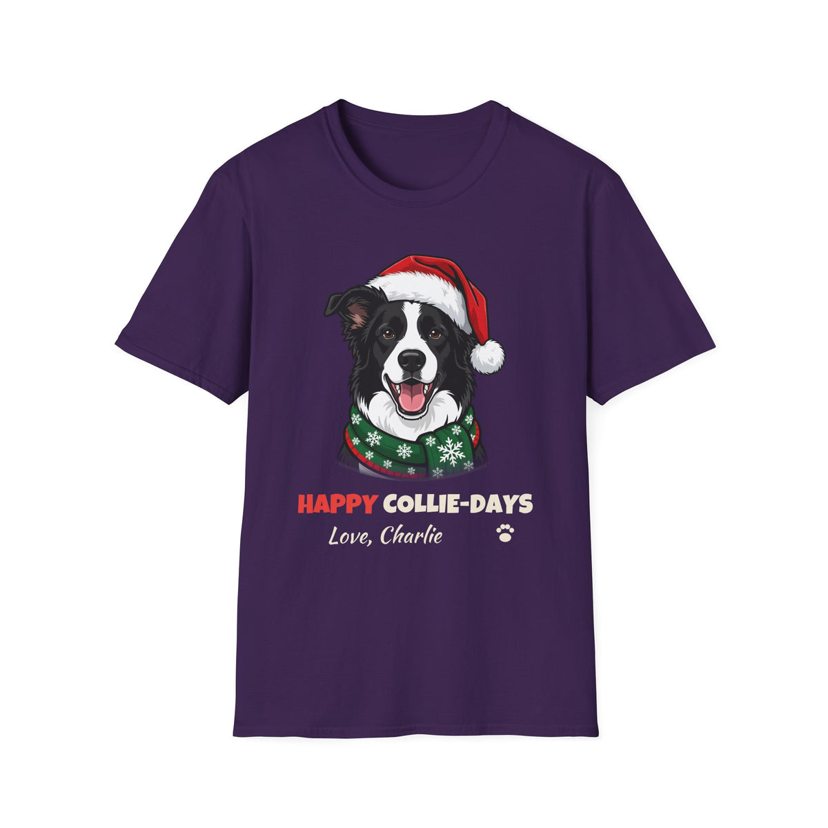 Happy Collie-Days Border Collie Christmas t-shirt in Purple, front view