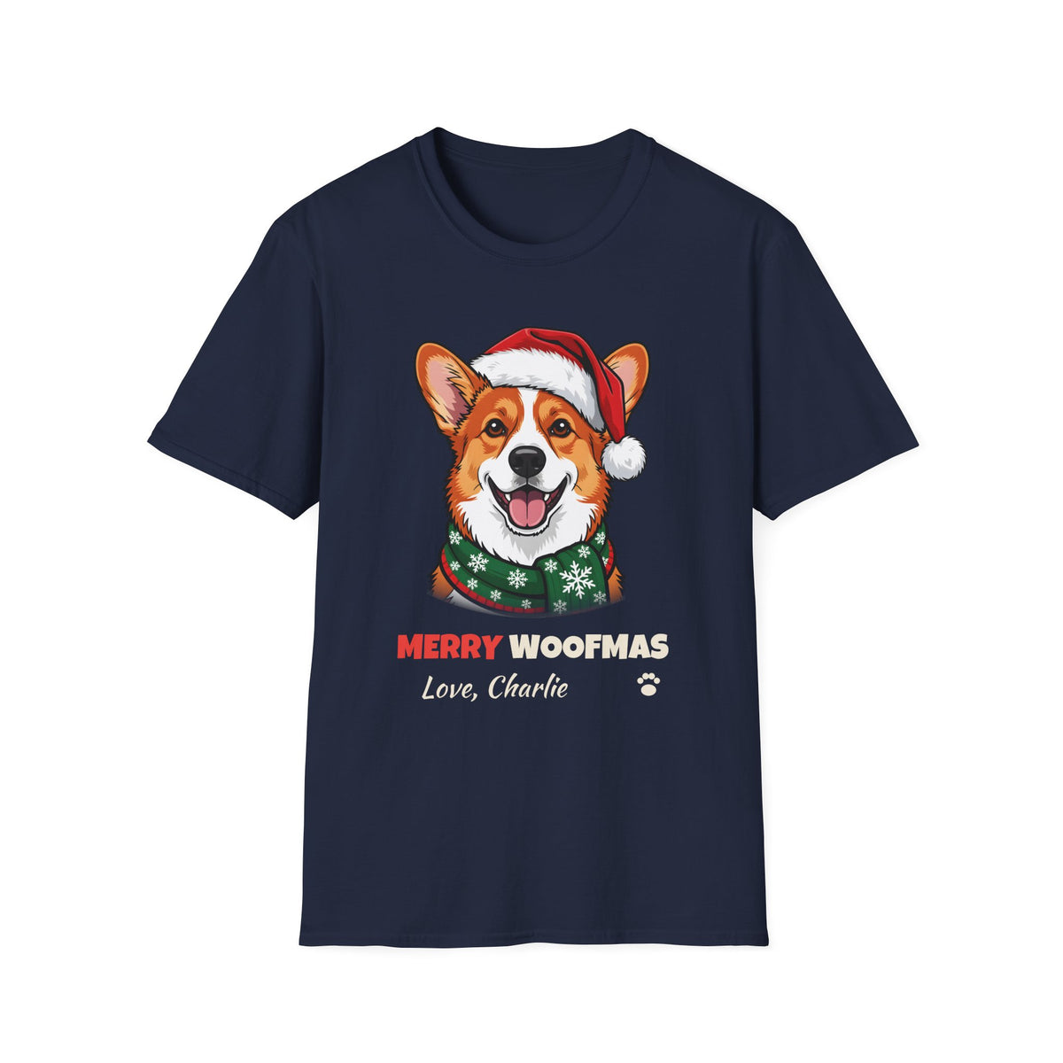 Merry Woofmas Corgi Christmas t-shirt in Navy, front view