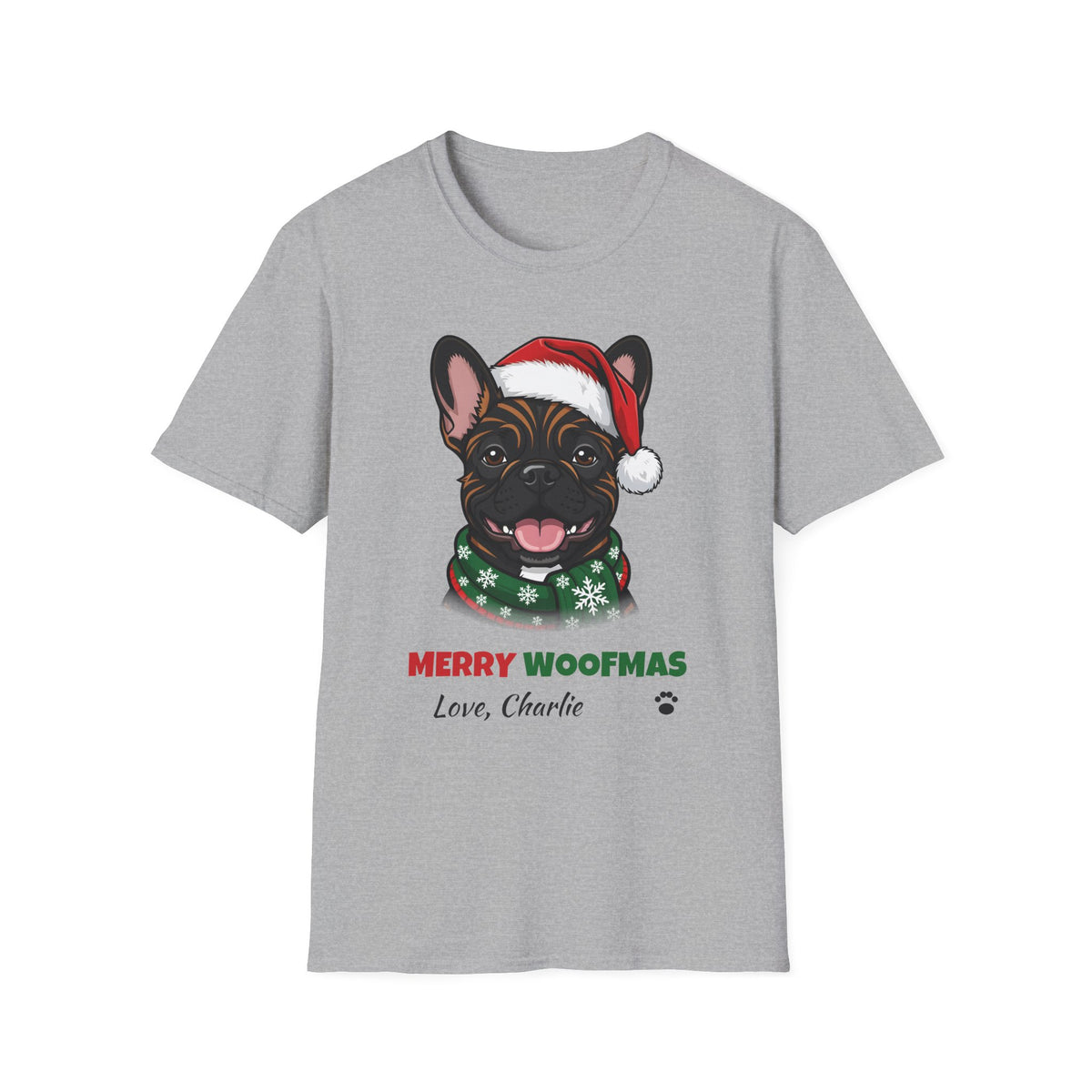 Merry Woofmas Brindle French Bulldog Christmas t-shirt in Sport Gray, front view