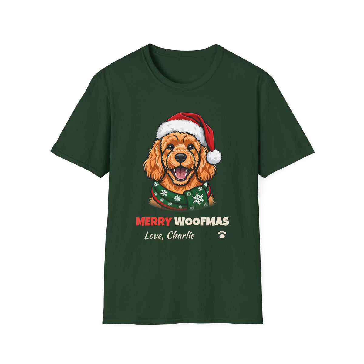 Merry Woofmas Apricot Cavapoo Christmas t-shirt in Forest Green, front view