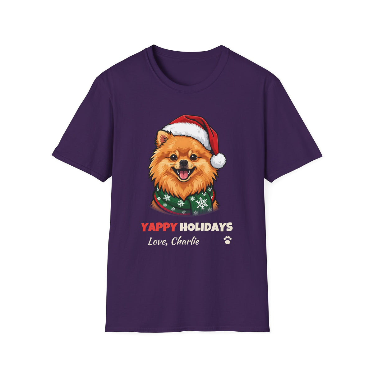 Yappy Holidays Pomeranian Christmas t-shirt in Purple, front view