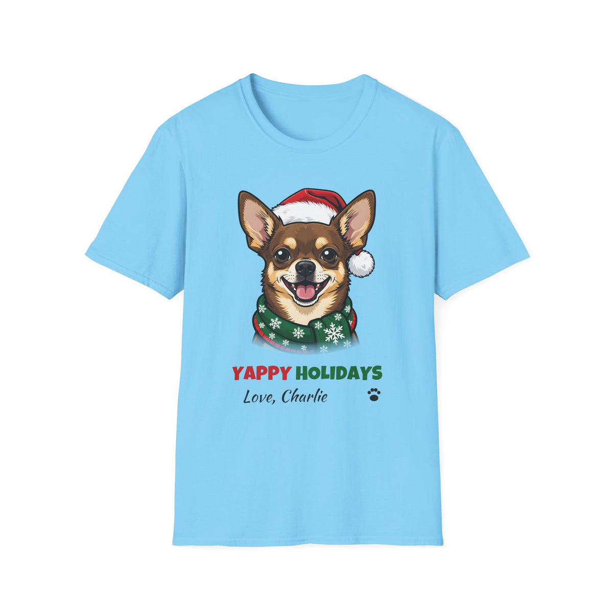 Yappy Holidays Chihuahua Christmas t-shirt in Sky, front view
