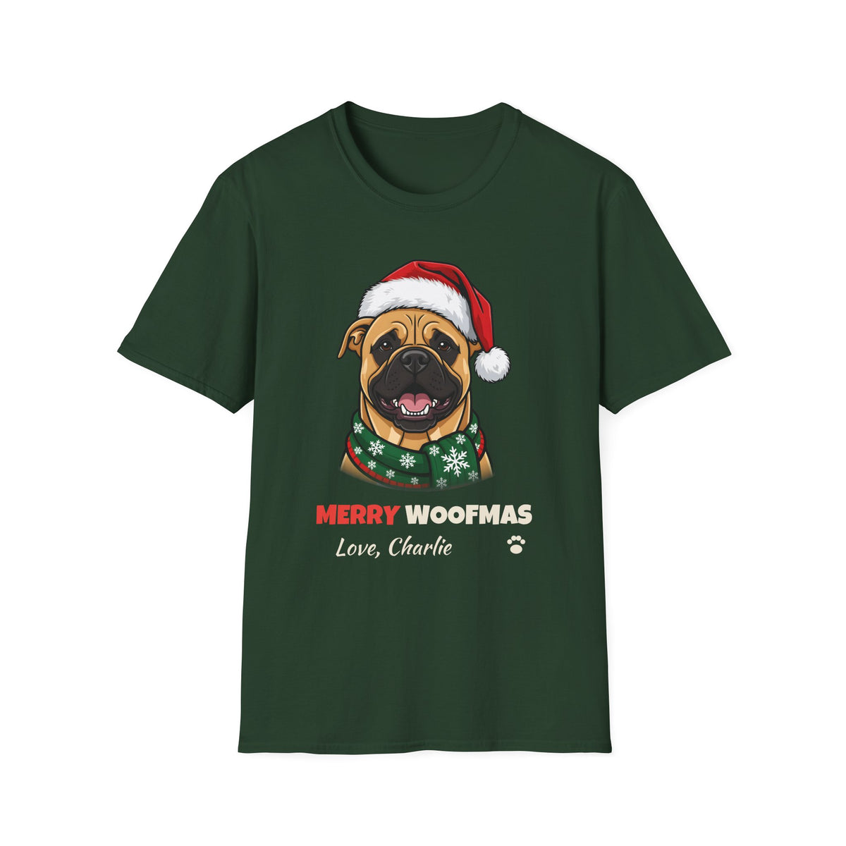 Merry Woofmas Bullmastiff Christmas t-shirt in Forest Green, front view