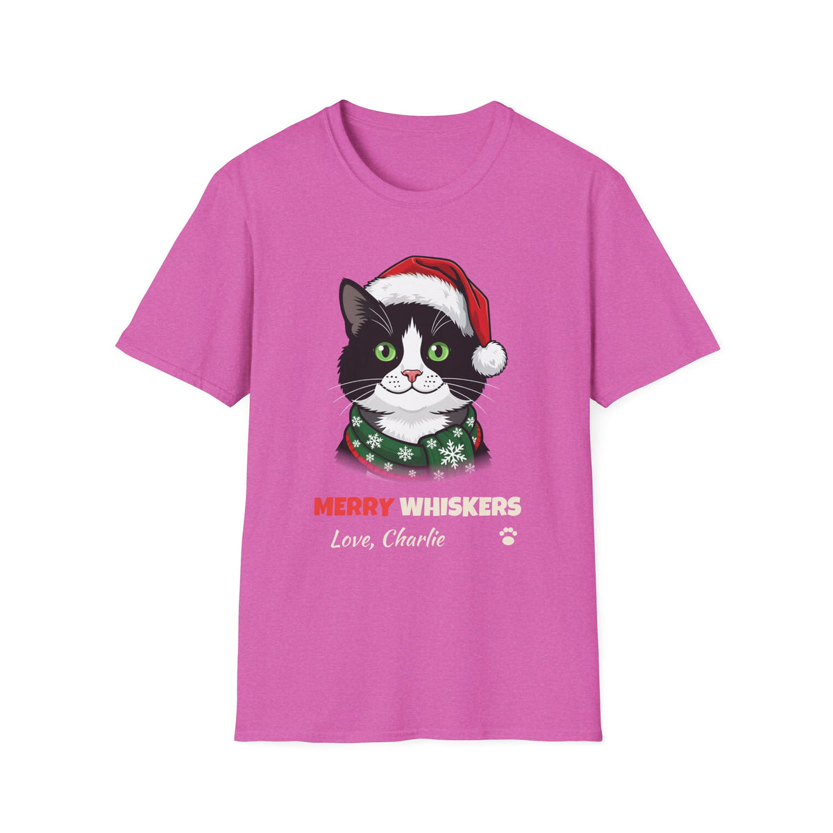 Merry Whiskers Tuxedo Cat Christmas t-shirt in Heather Berry, front view