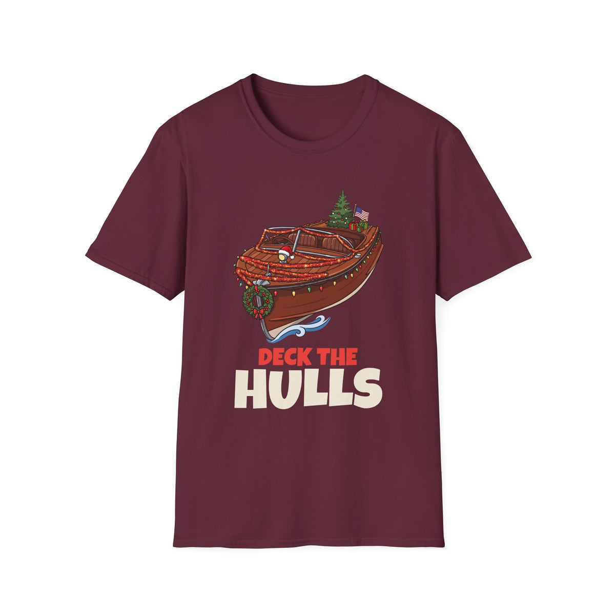 Deck the Hulls Christmas t-shirt in Maroon, front view