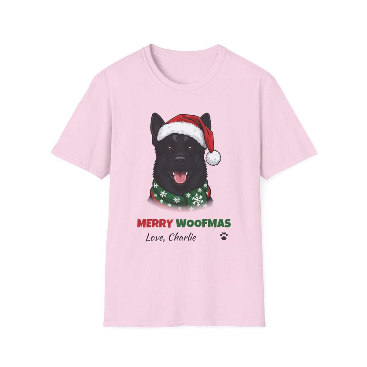 Merry Woofmas Black German Shepherd Christmas t-shirt in Light Pink, front view