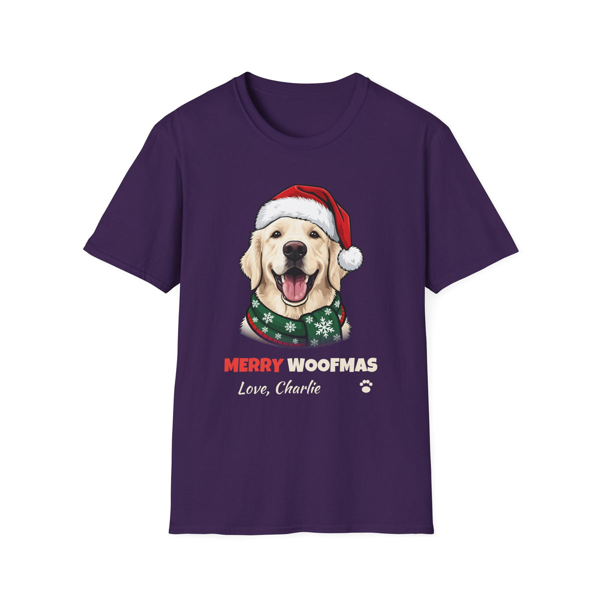 Merry Woofmas English Cream Golden Retriever Christmas t-shirt in Purple, front view