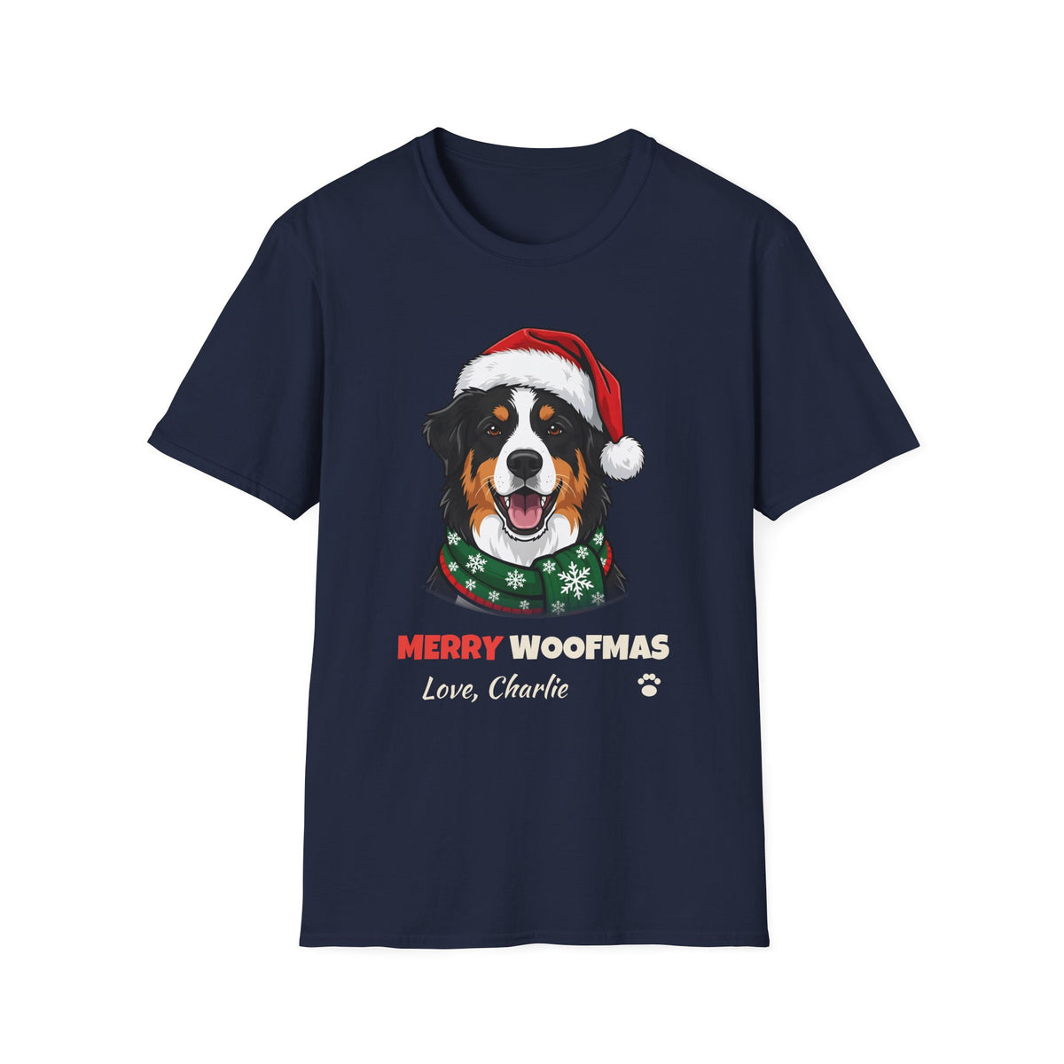 Merry Woofmas Australian Shepherd Christmas t-shirt in Navy, front view