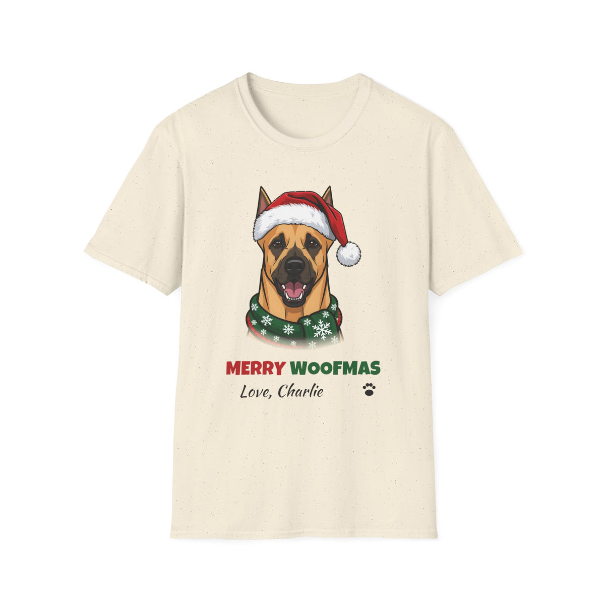 Merry Woofmas Great Dane Christmas t-shirt in Natural, front view