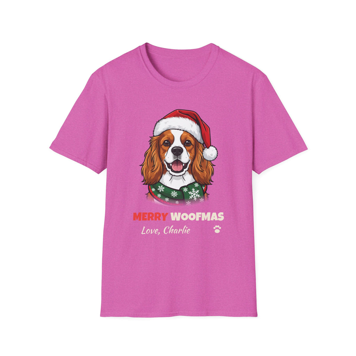 Merry Woofmas Cavalier King Charles Spaniel Christmas t-shirt in Heather Berry, front view