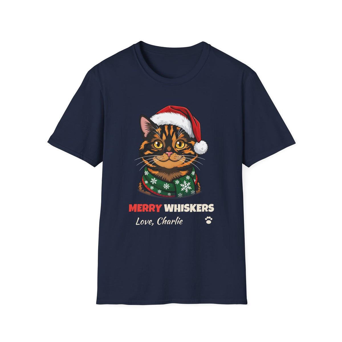 Merry Whiskers Tortoiseshell Cat Christmas t-shirt in Navy, front view