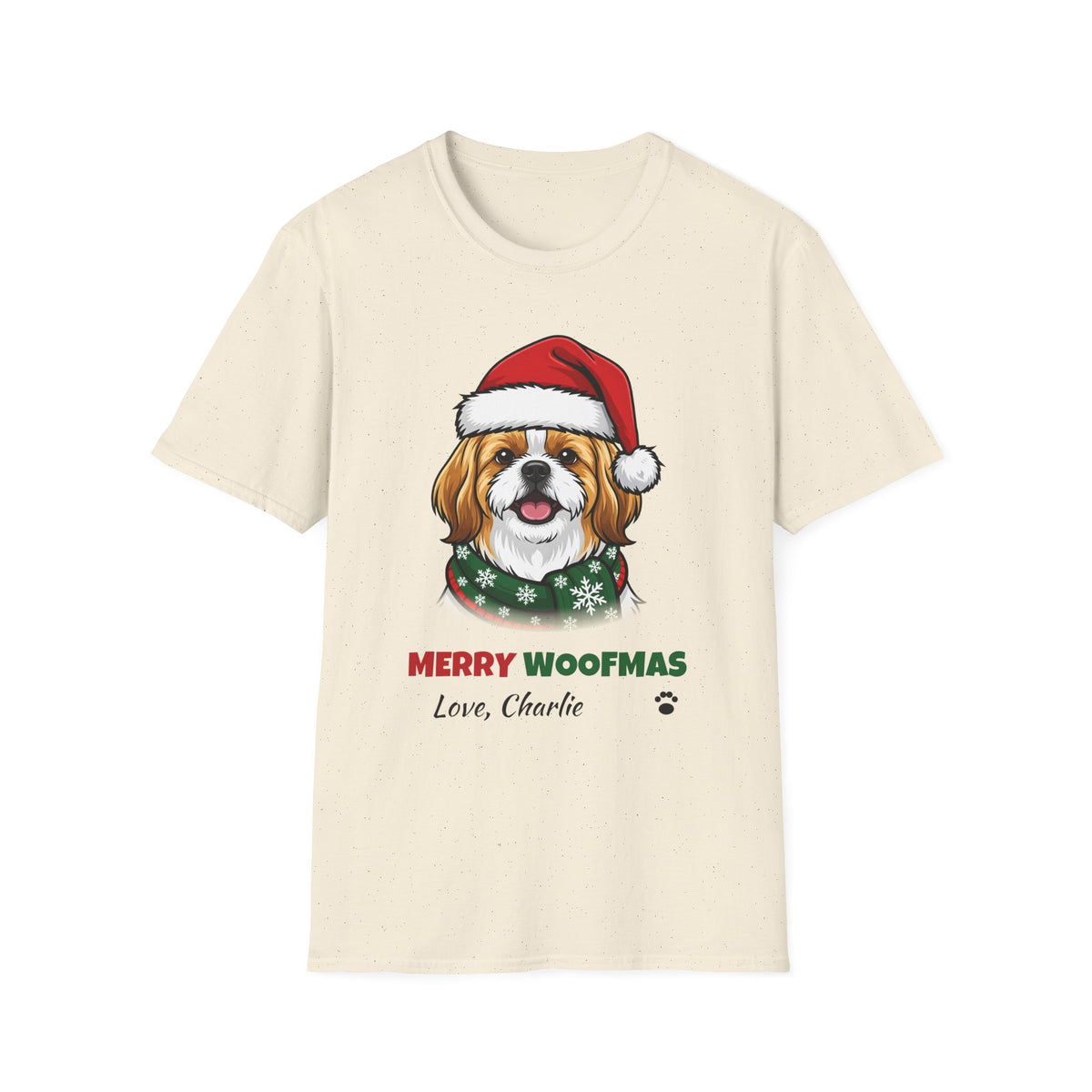 Merry Woofmas Shih Tzu Christmas t-shirt in Natural, front view