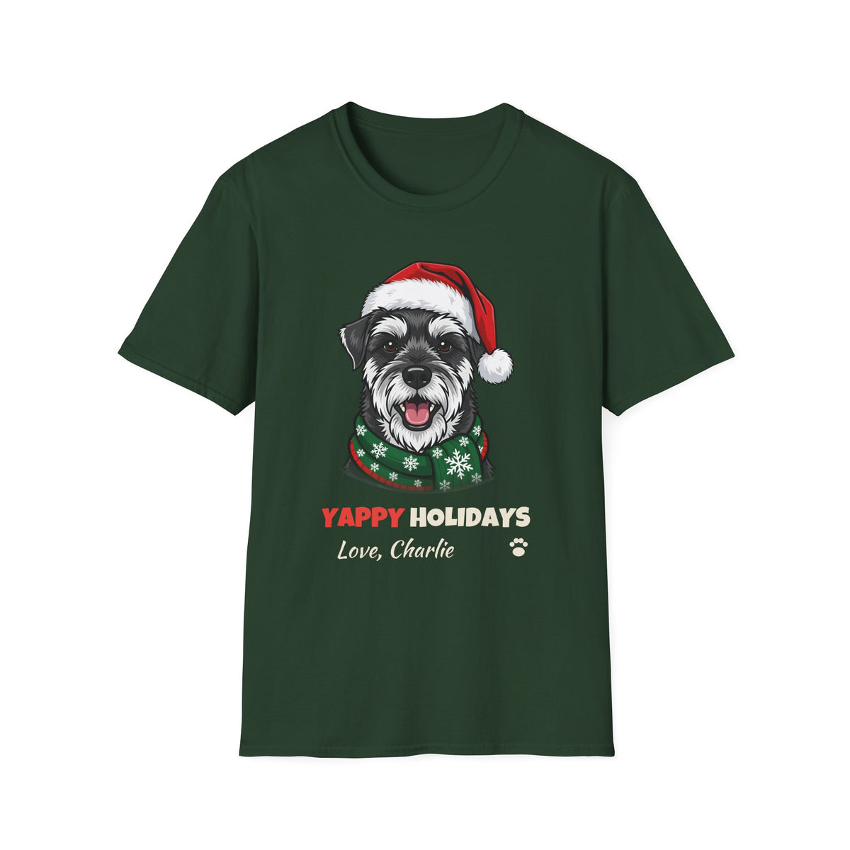 Yappy Holidays Miniature Schnauzer Christmas t-shirt in Forest Green, front view