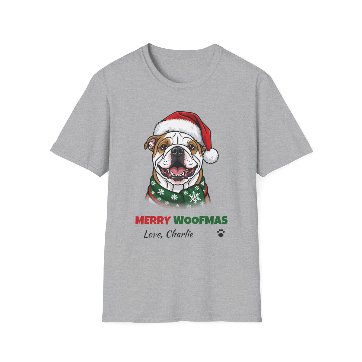 Merry Woofmas Bulldog Christmas t-shirt in Sport Gray, front view