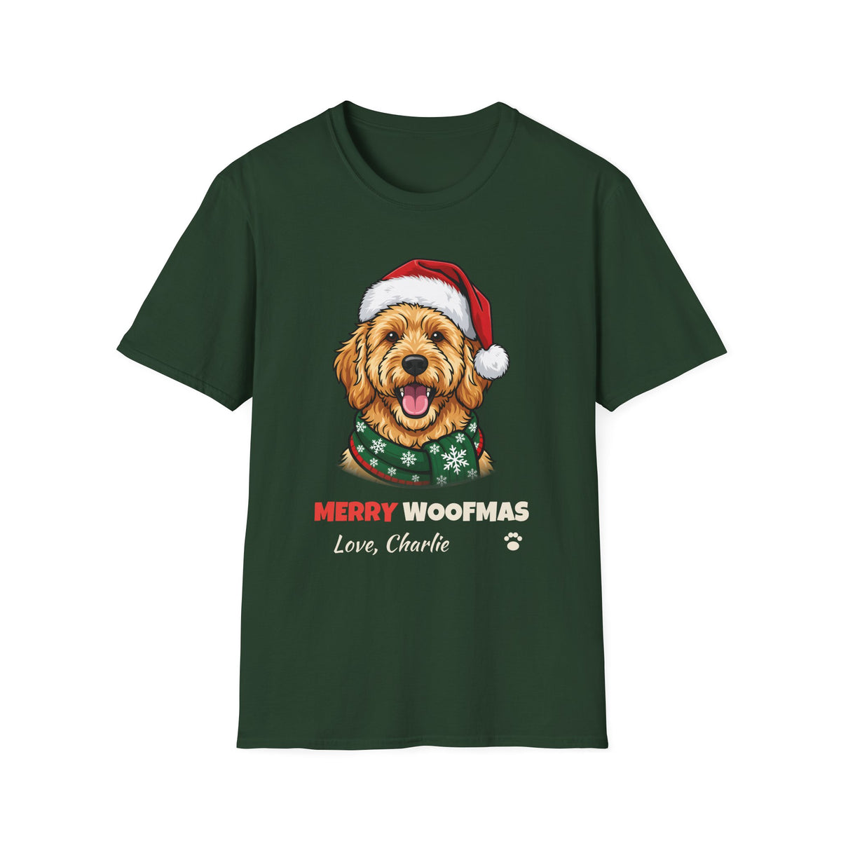 Merry Woofmas Goldendoodle Christmas t-shirt in Forest Green, front view