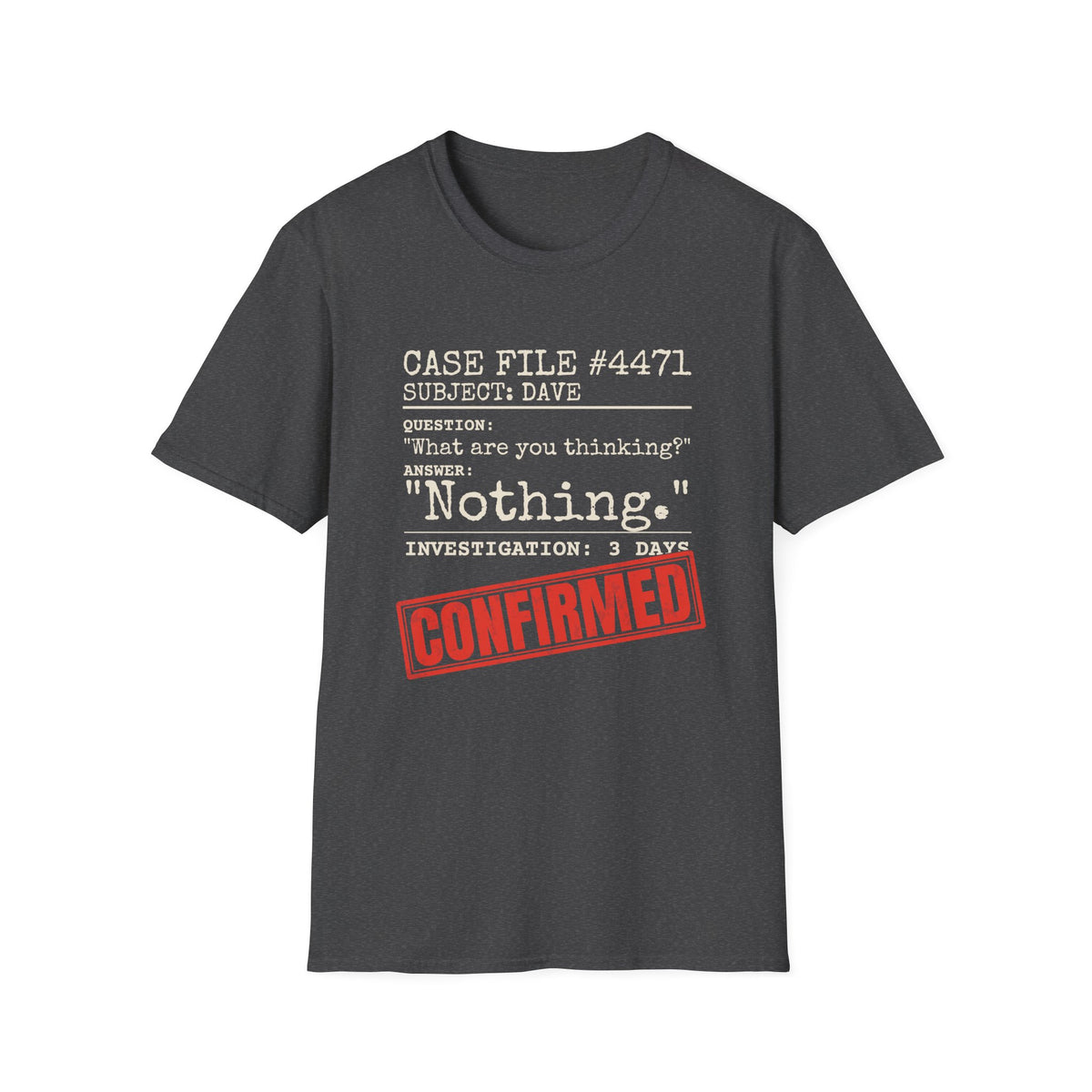 Case File Dad Joke t-shirt in Dark Heather, front view