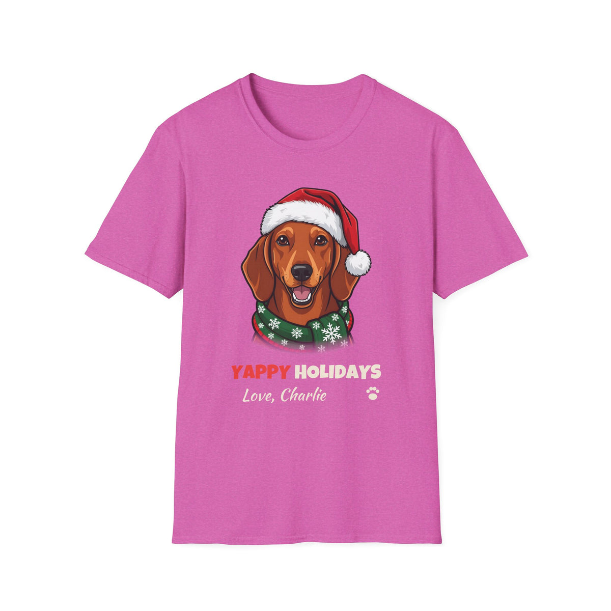 Yappy Holidays Dachshund Christmas t-shirt in Heather Berry, front view