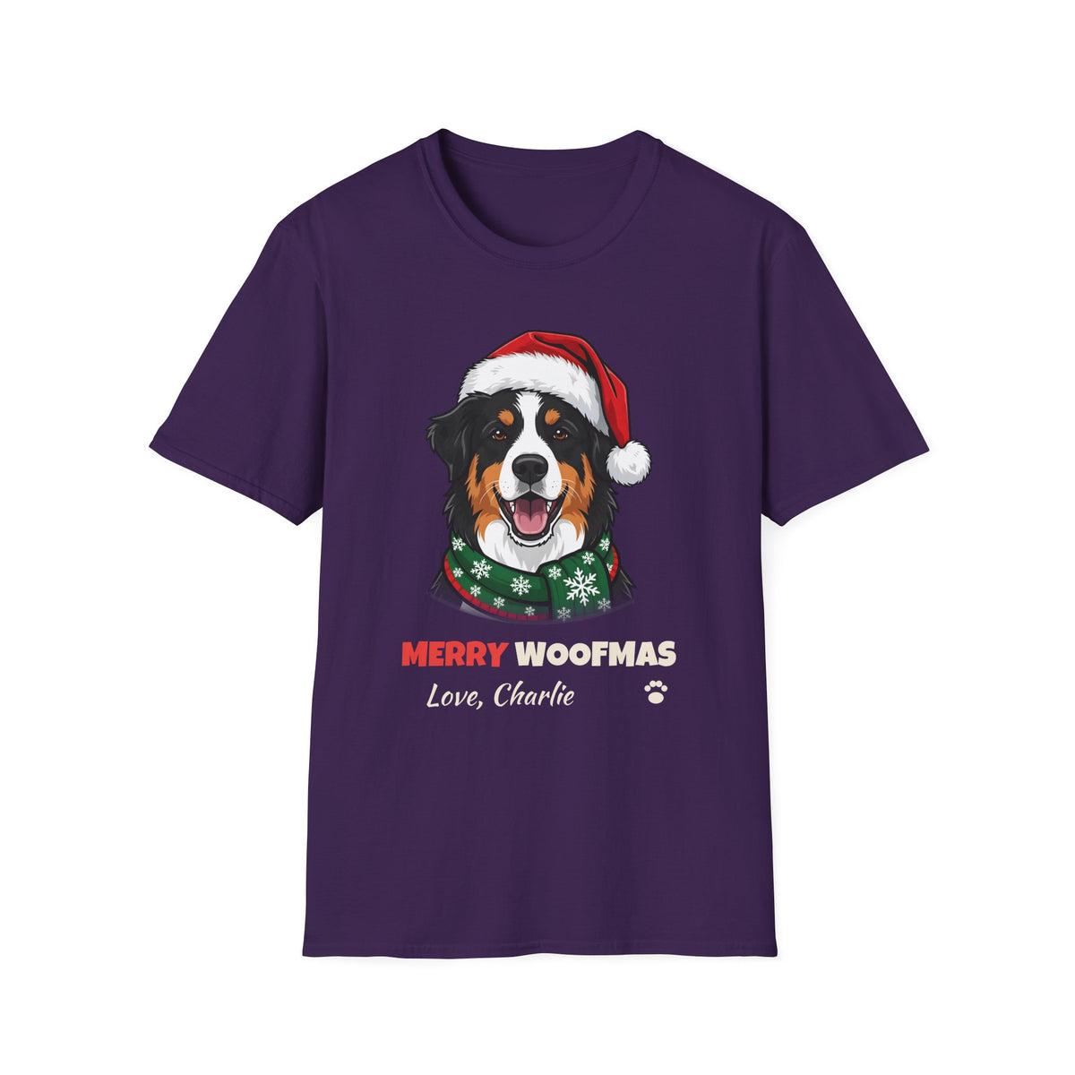 Merry Woofmas Australian Shepherd Christmas t-shirt in Purple, front view