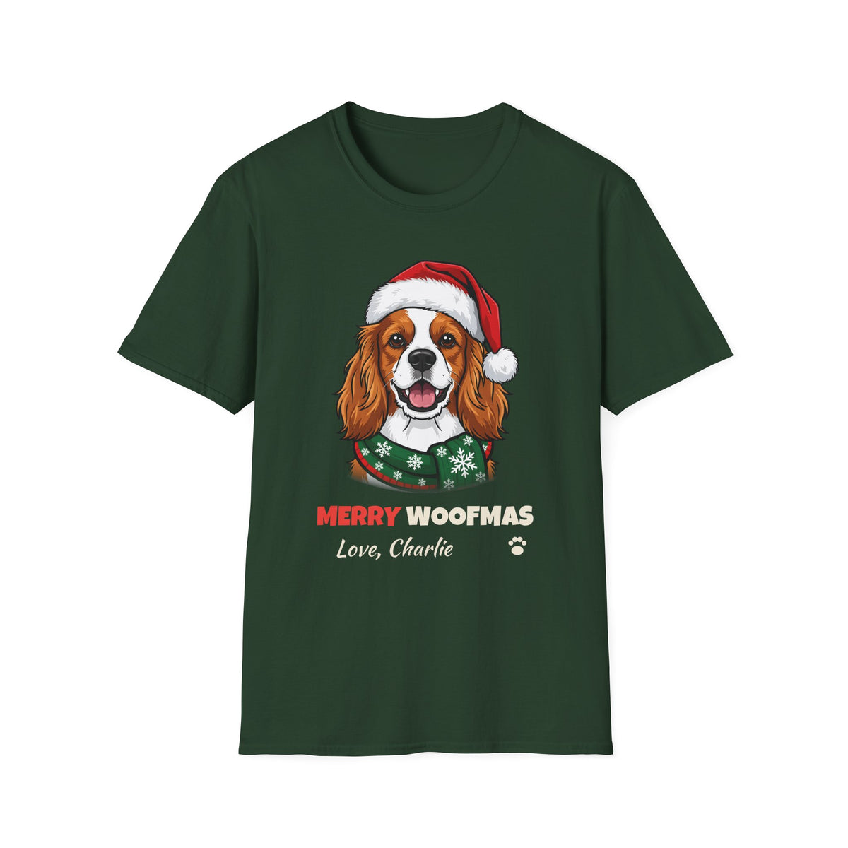 Merry Woofmas Cavalier King Charles Spaniel Christmas t-shirt in Forest Green, front view