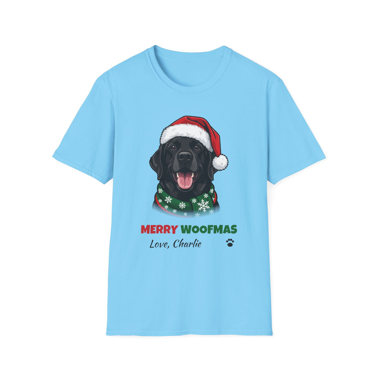 Merry Woofmas Black Labrador Christmas t-shirt in Sky, front view