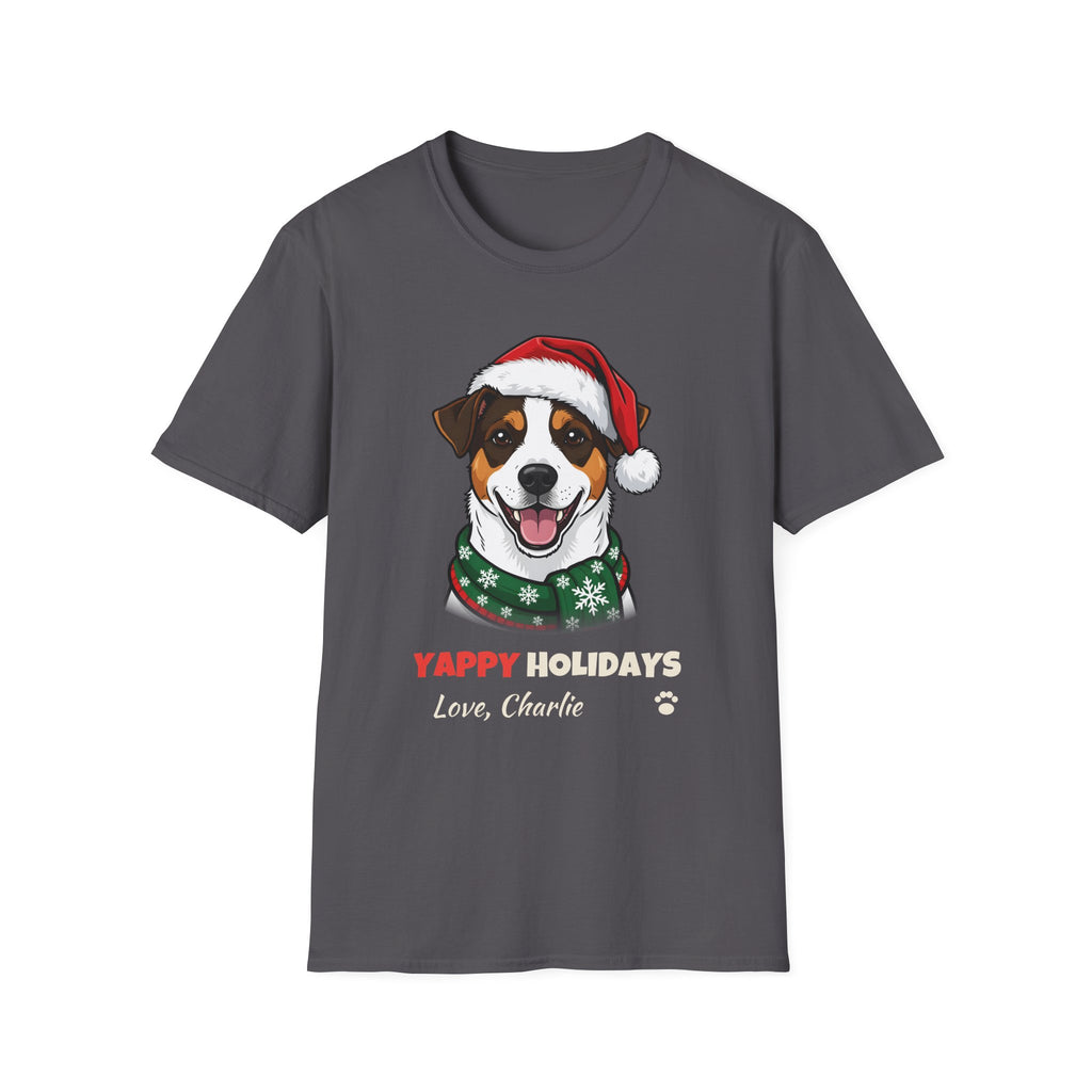 Yappy Holidays Jack Russell Terrier Christmas t-shirt in Charcoal, front view