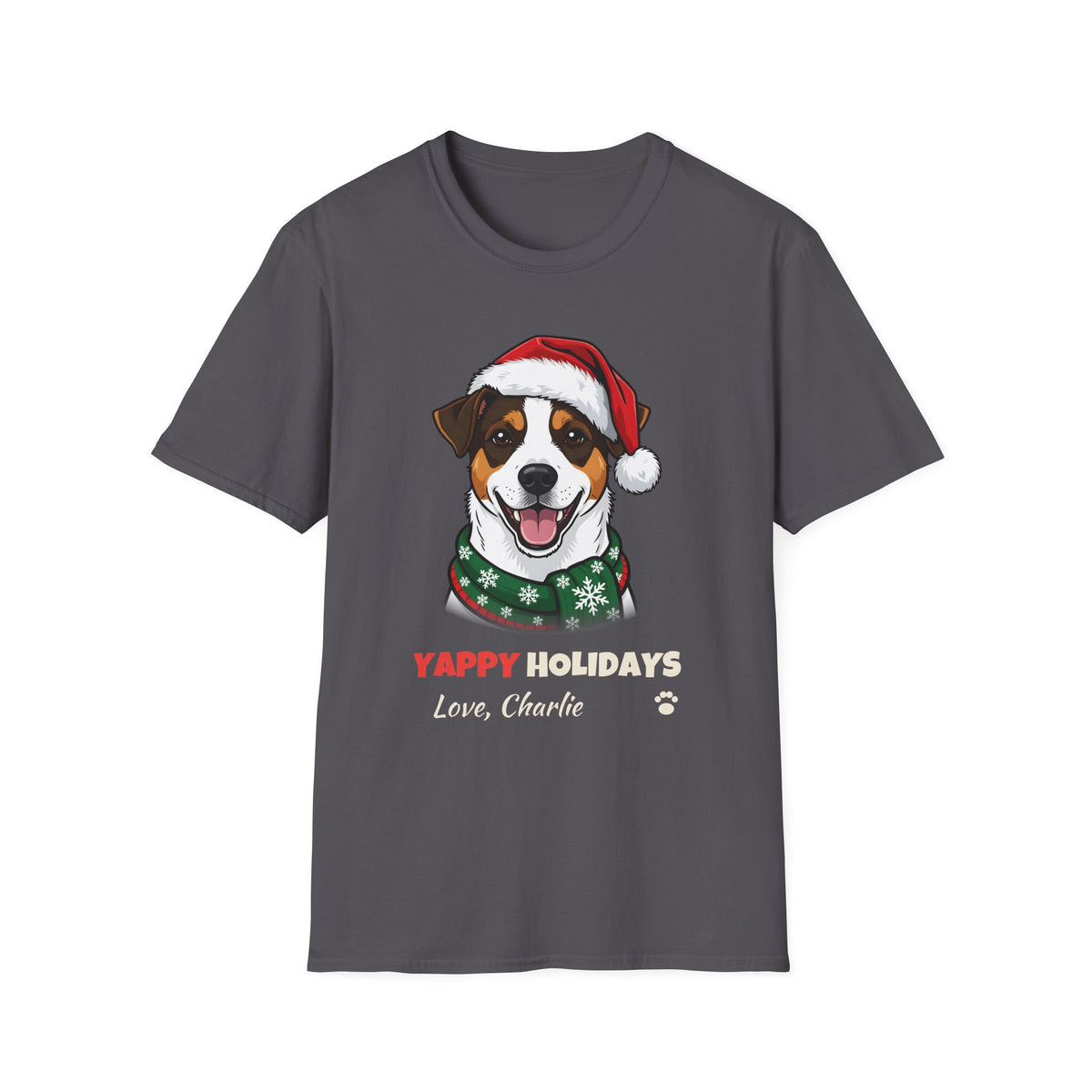 Yappy Holidays Jack Russell Terrier Christmas t-shirt in Charcoal, front view