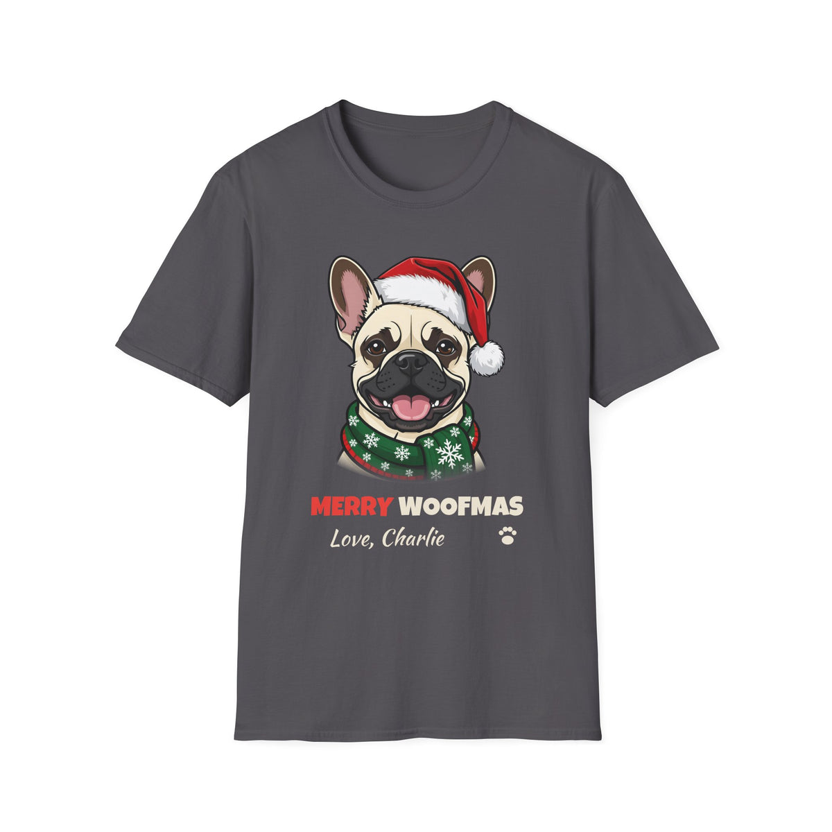 Merry Woofmas Cream French Bulldog Christmas t-shirt in Charcoal, front view