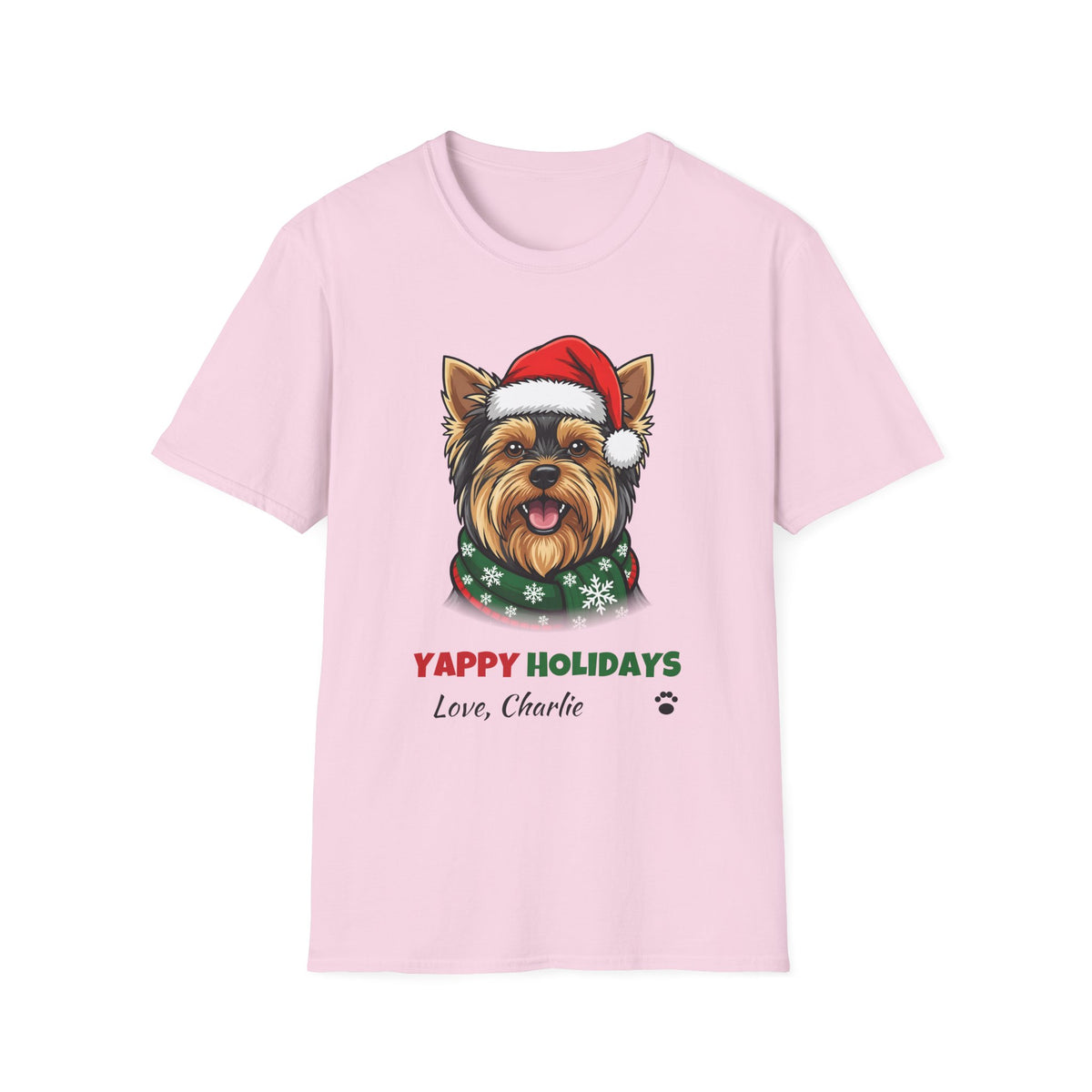 Yappy Holidays Yorkshire Terrier Christmas t-shirt in Light Pink, front view