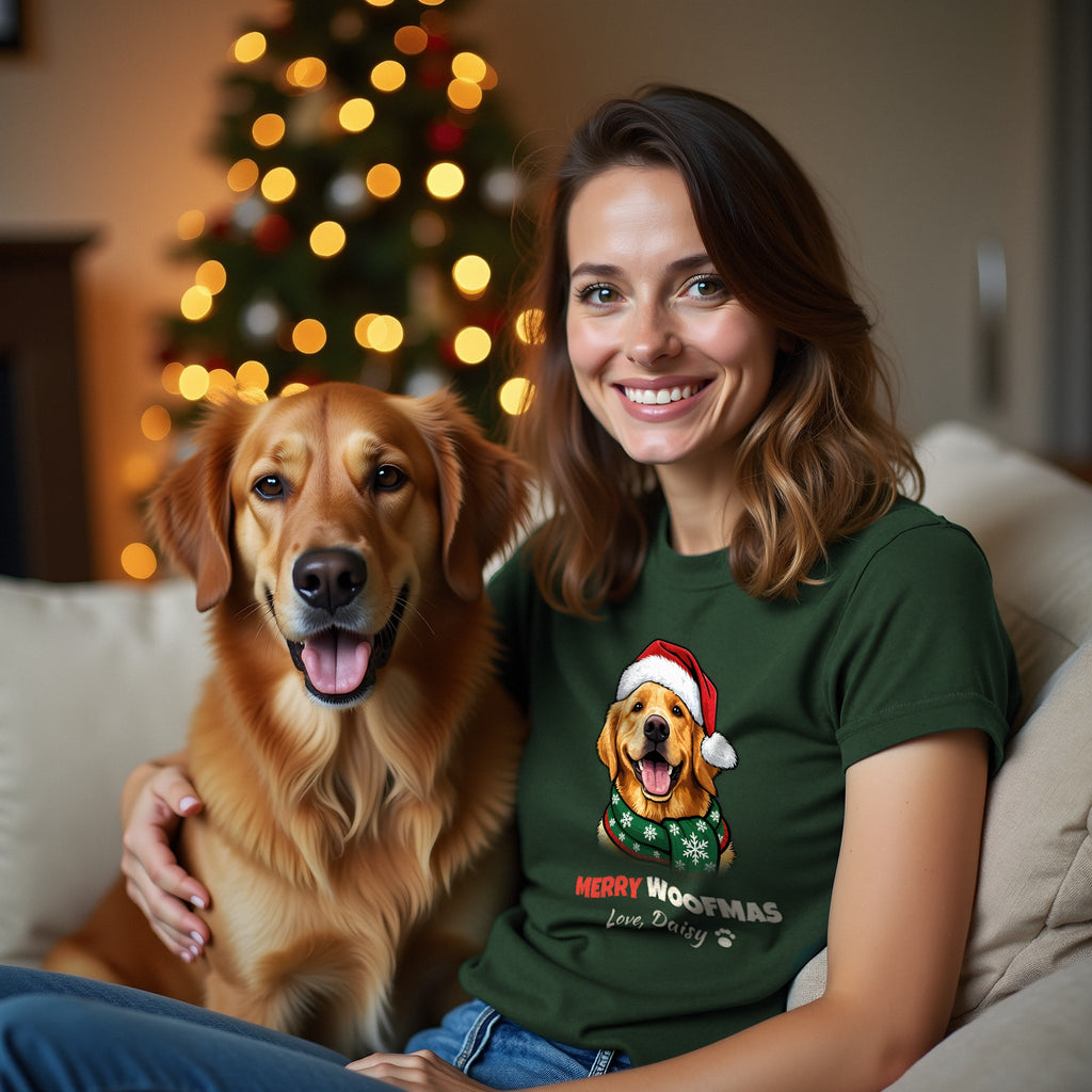 Merry Woofmas Golden Retriever Christmas t-shirt worn by a customer